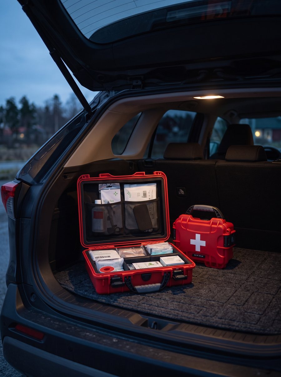 Open first aid case with sorted contents