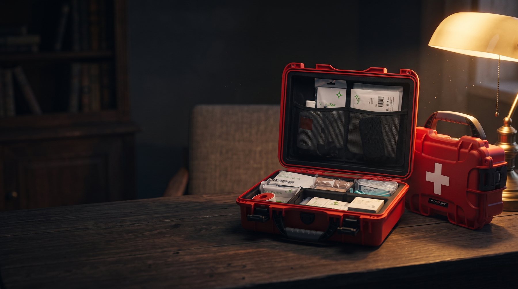 Open first aid case next to a closed one