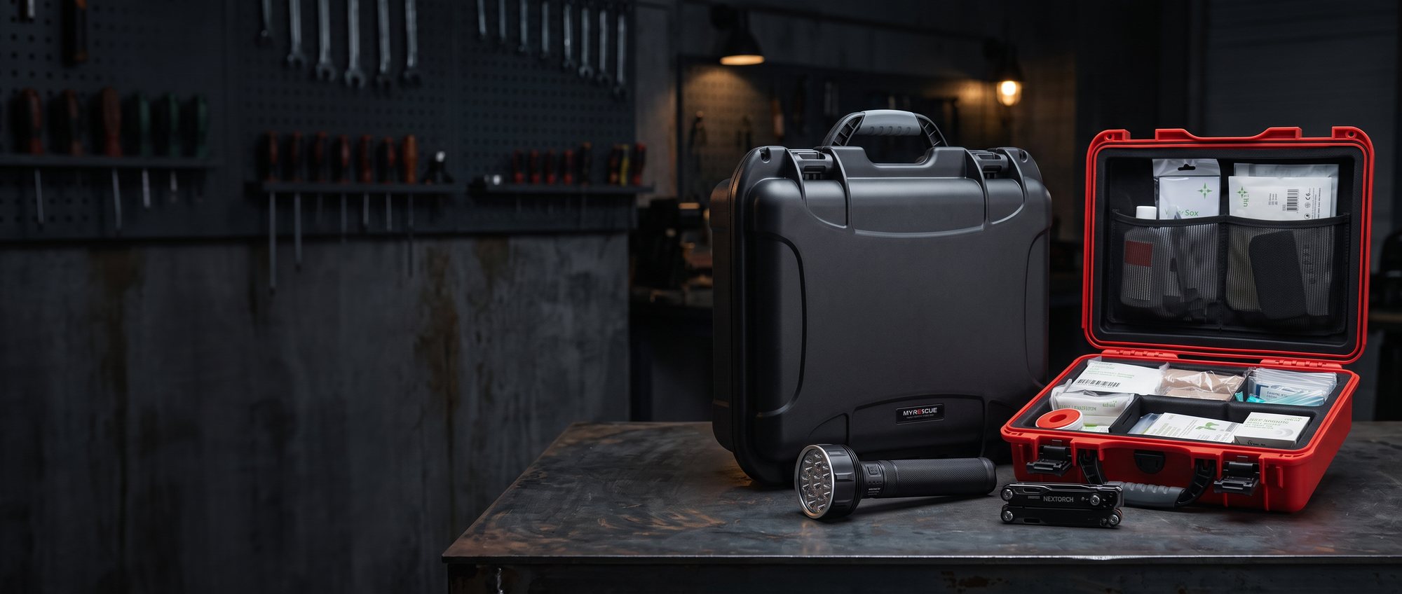 First aid case, protective case, multi-tool and searchlight