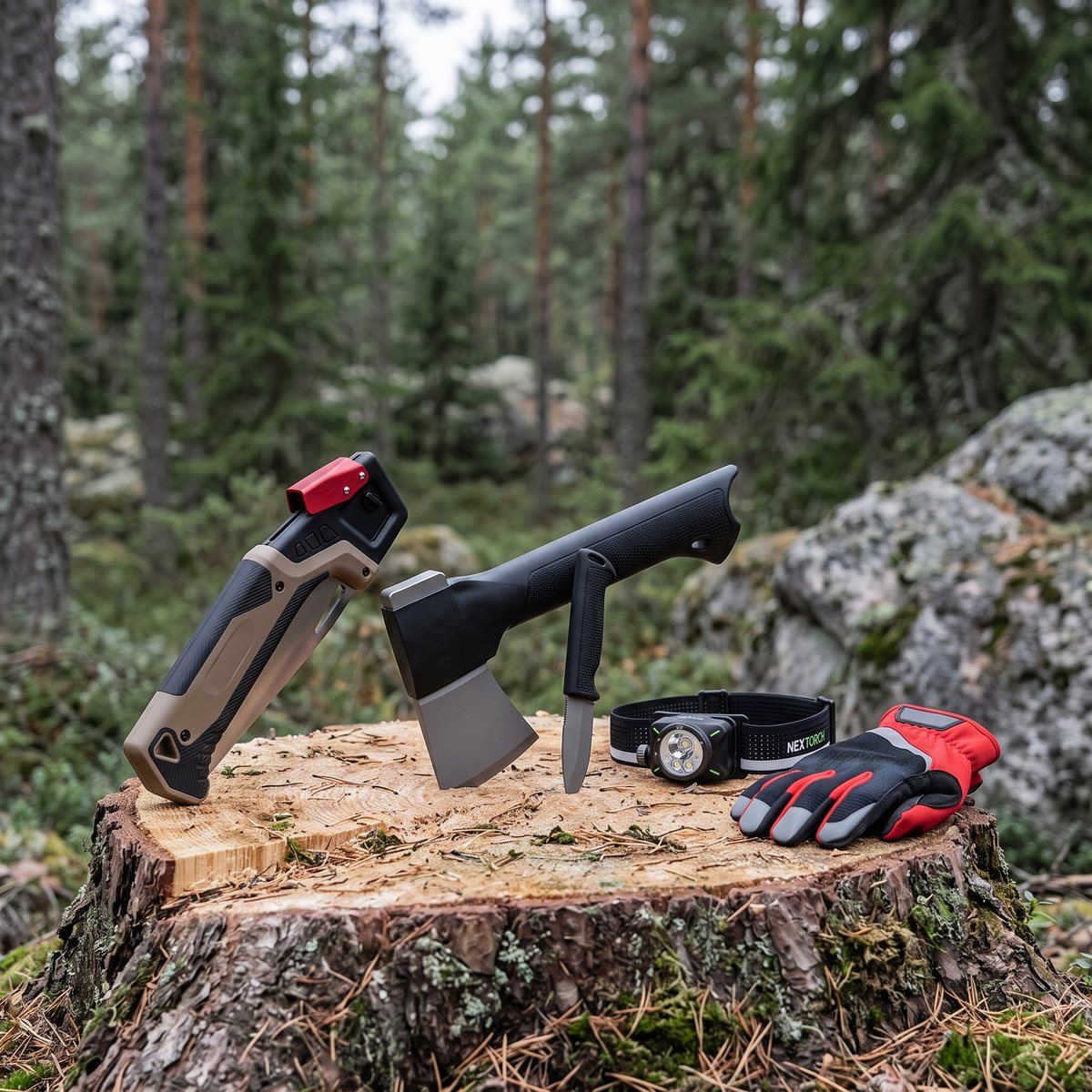 Folding saw, axe with knife and headlamp